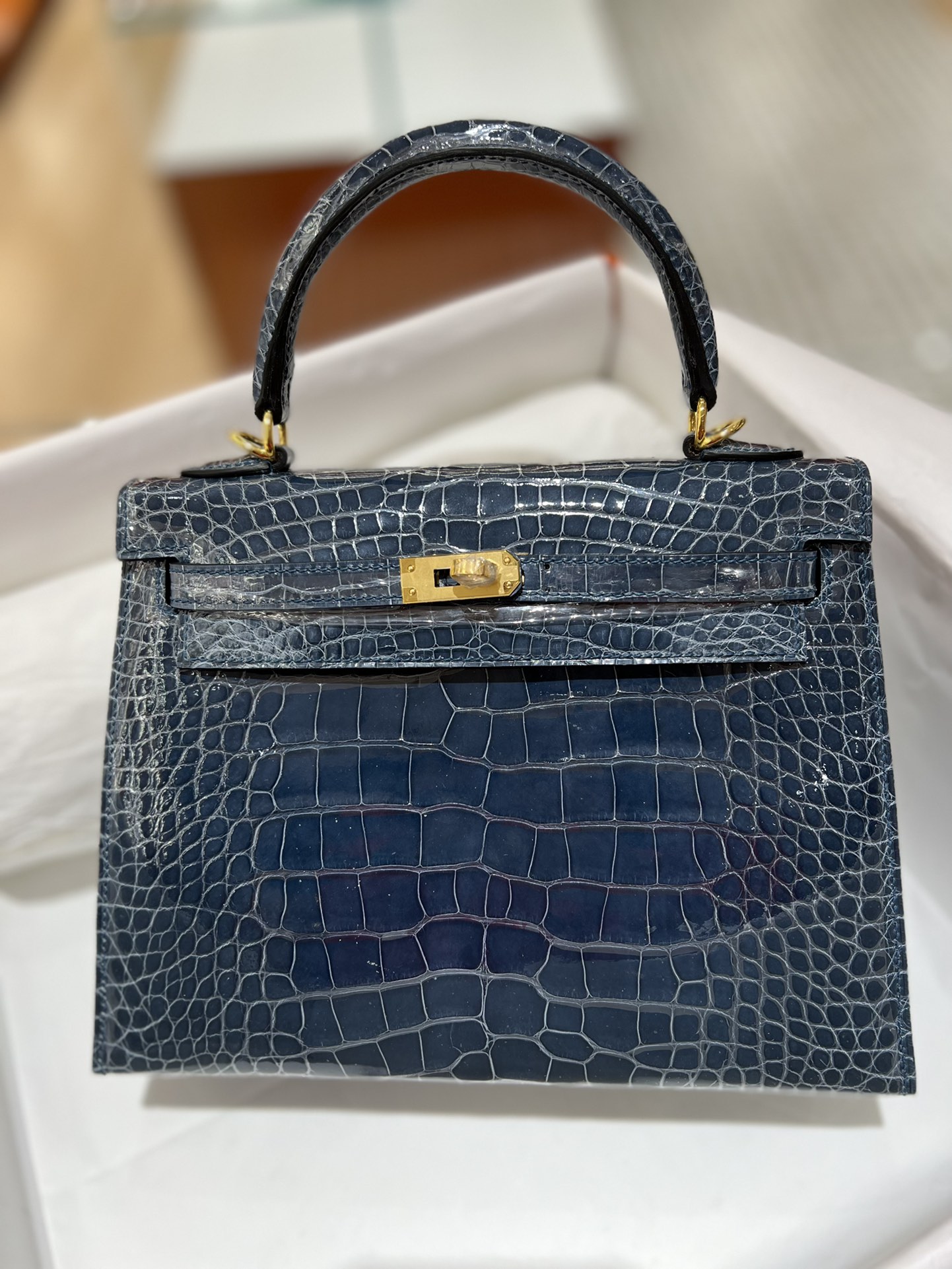 Hermes Kelly 25cm Handbag Shoulder Bag In Blue Nuit Shiny Crocodile Niloticus Leather